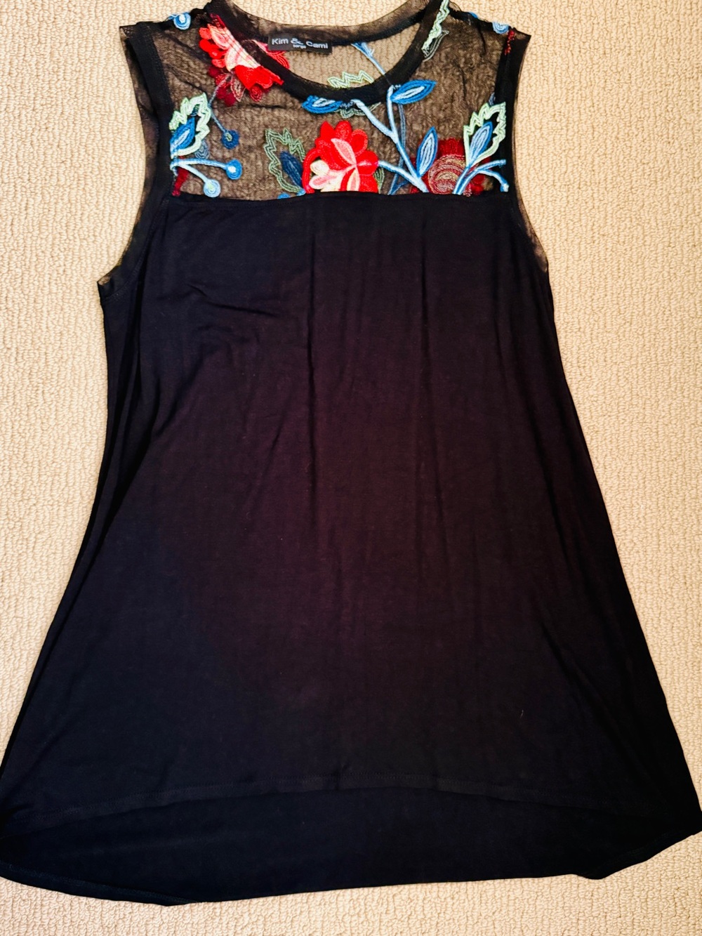 Kim & Cami Black Sleeveless Tank with Embroidered Floral Mesh Yoke